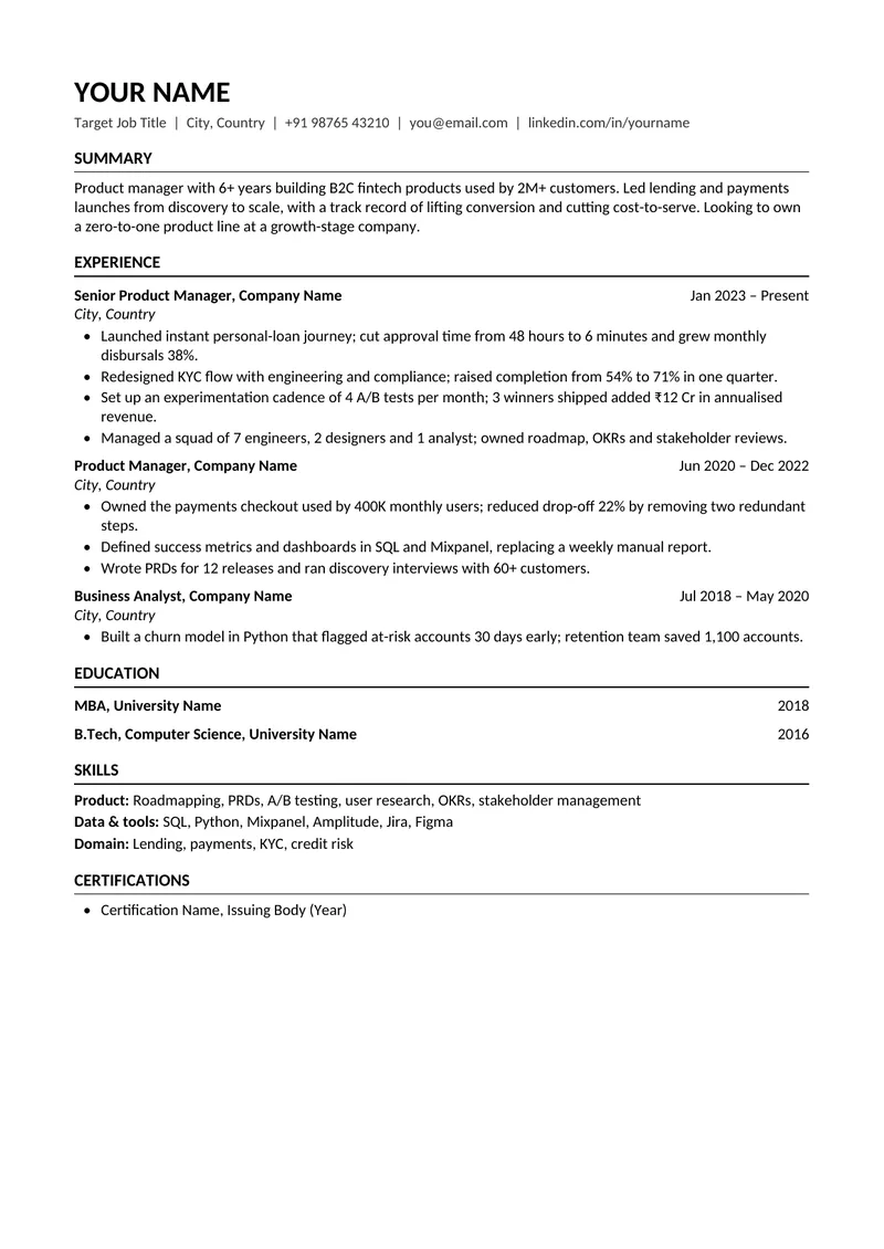 ATS-friendly resume template for an experienced professional: single column, name and contact line at the top, then Summary, Experience with right-aligned dates, Education, Skills and Certifications.