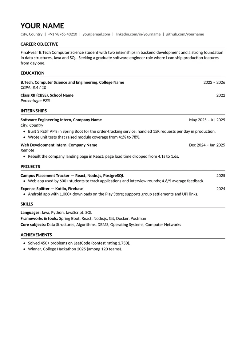 ATS-friendly fresher resume template: single column with Career Objective, Education with CGPA, Internships, Projects, Skills and Achievements sections.